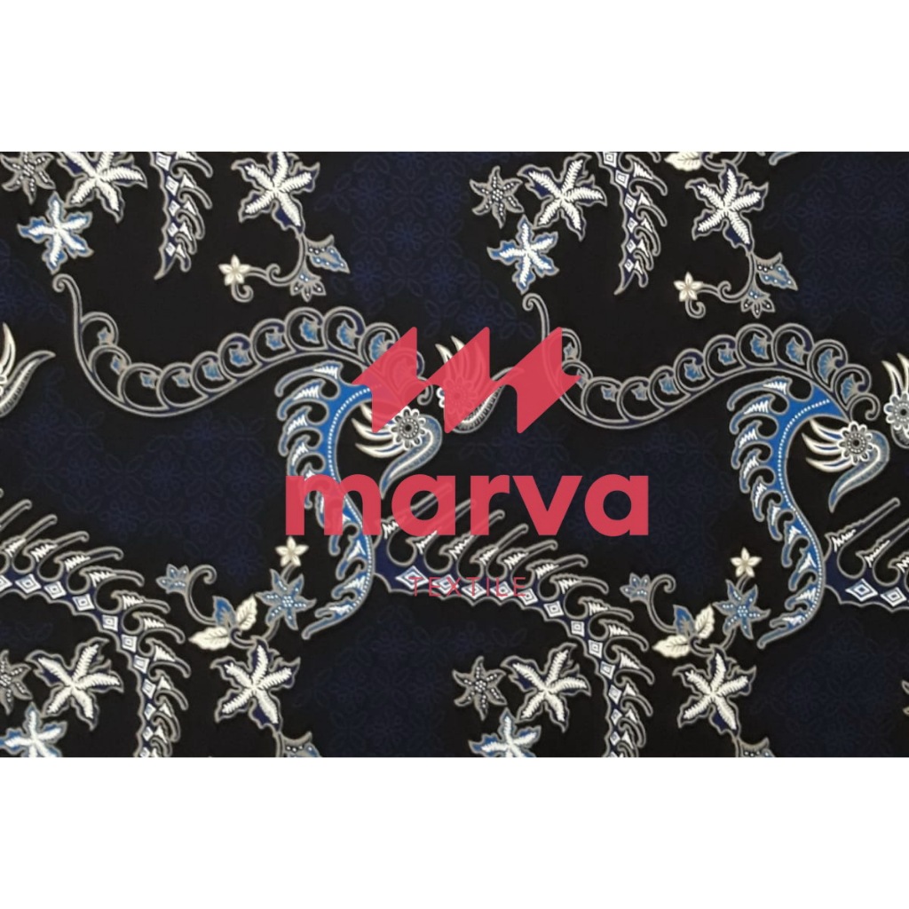 Kain Batik Meteran Premium Bahan 100% katun motif bunga biru by Marva textile