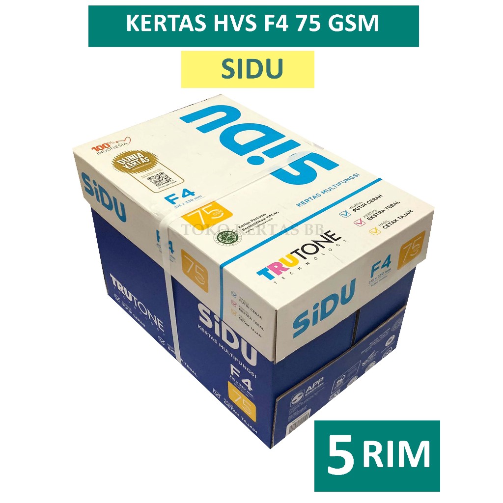 

Kertas HVS SIDU 75 Gsm Ukuran F4 , 1 BOX / 5 RIM