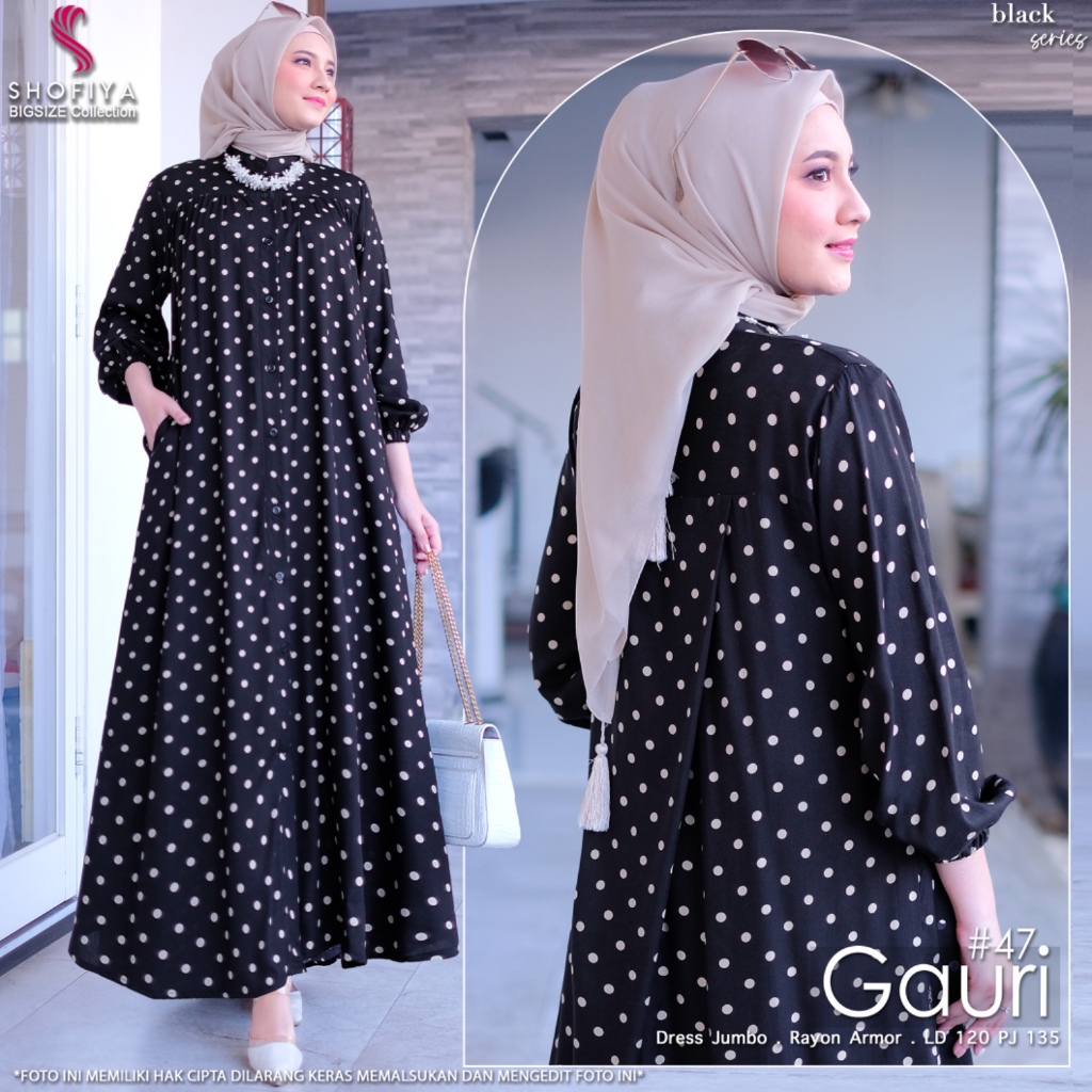 Gauri47 baju dress gamis syari jumbo ld 120 rayon polkadot wanita muslim ibu ibu ori terbaru 2024