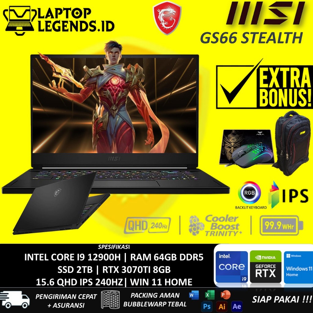 LAPTOP MSI GS66 STEALTH INTEL I9 12900H 64GB DDR5 2TB SSD RTX3070TI 8GB 15.6 QHD IPS 240HZ WINDOWS 1