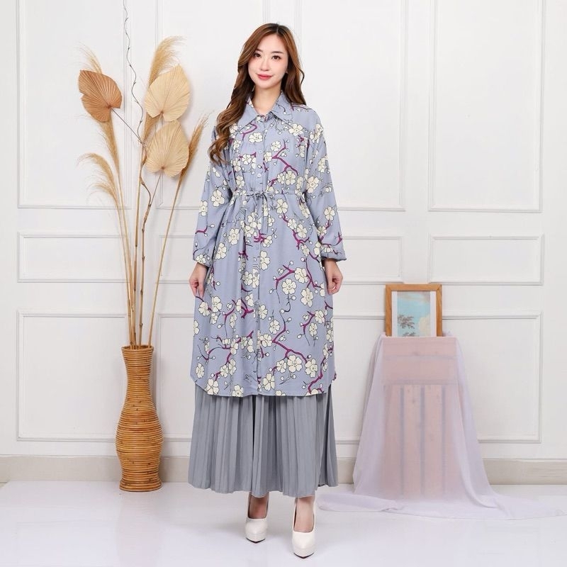 One Set Atasan Motif Rok Plisket || Setelan Rok Katun Rayon Motif Rok Plisket Polos Jumbo