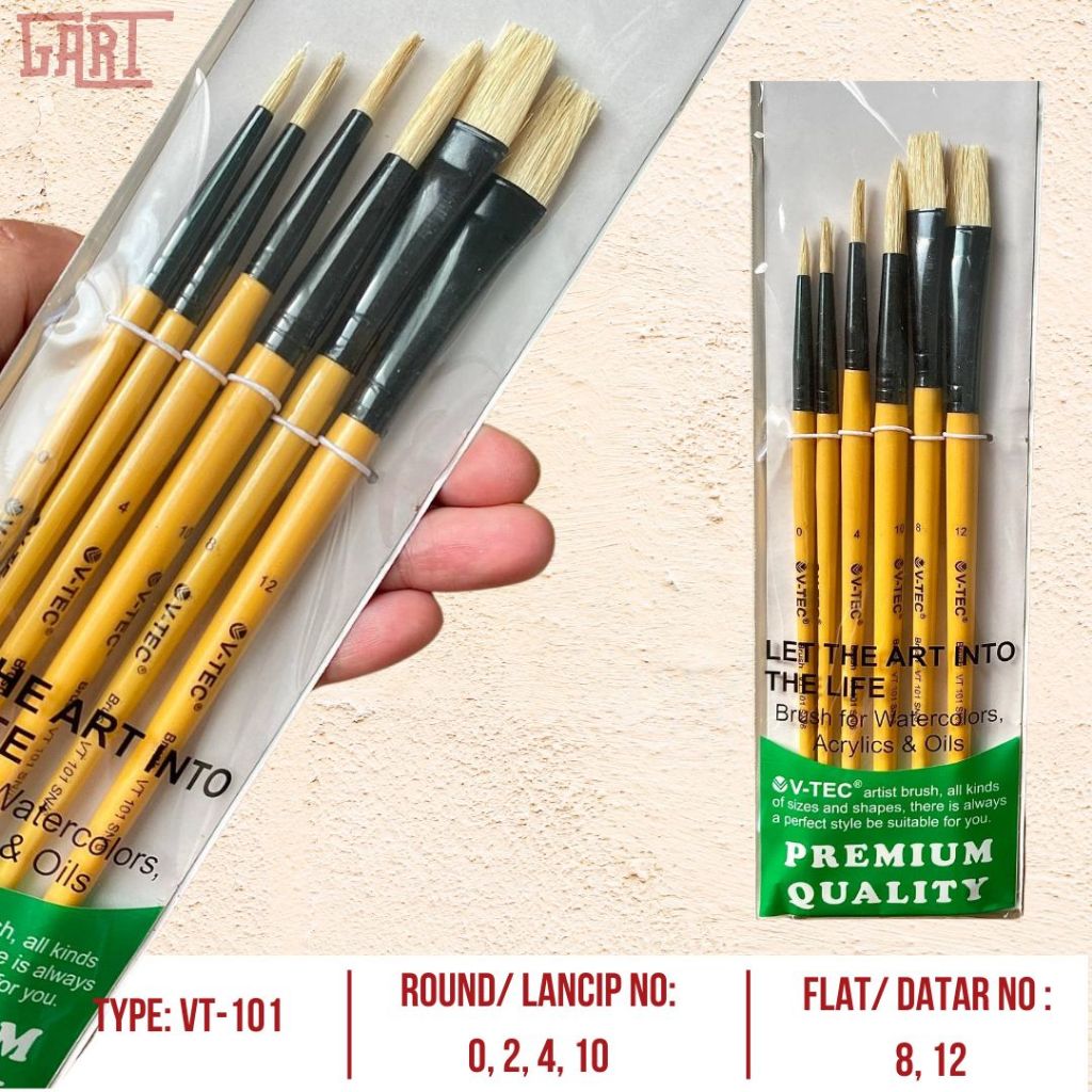 

KUAS LUKIS VT 101 ( V-Tec ) - Painting Acrylic Brush - Artist Brush - Kuas Cat Lukis Bahan Nylon Halus Isi 6pcs