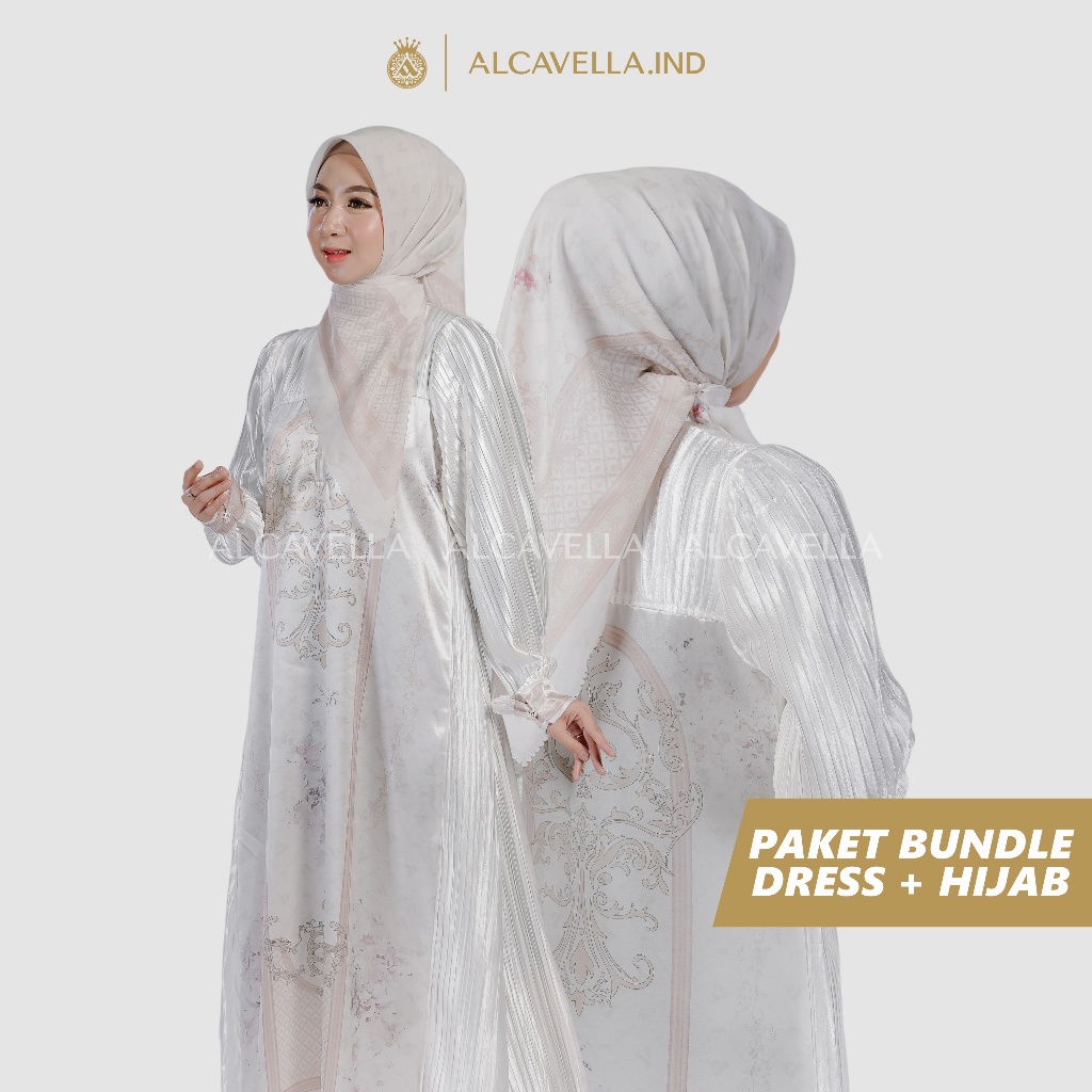 ALCAVELLA - Eleganza Dress |  Set Hijab Segi Empat | Gamis Muslim | Dress Mewah | Gamis Wanita | Bab