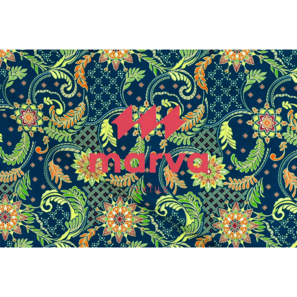 Kain Batik Meteran Premium Bahan 100% katun motif bunga Biru hijau  by Marva textile