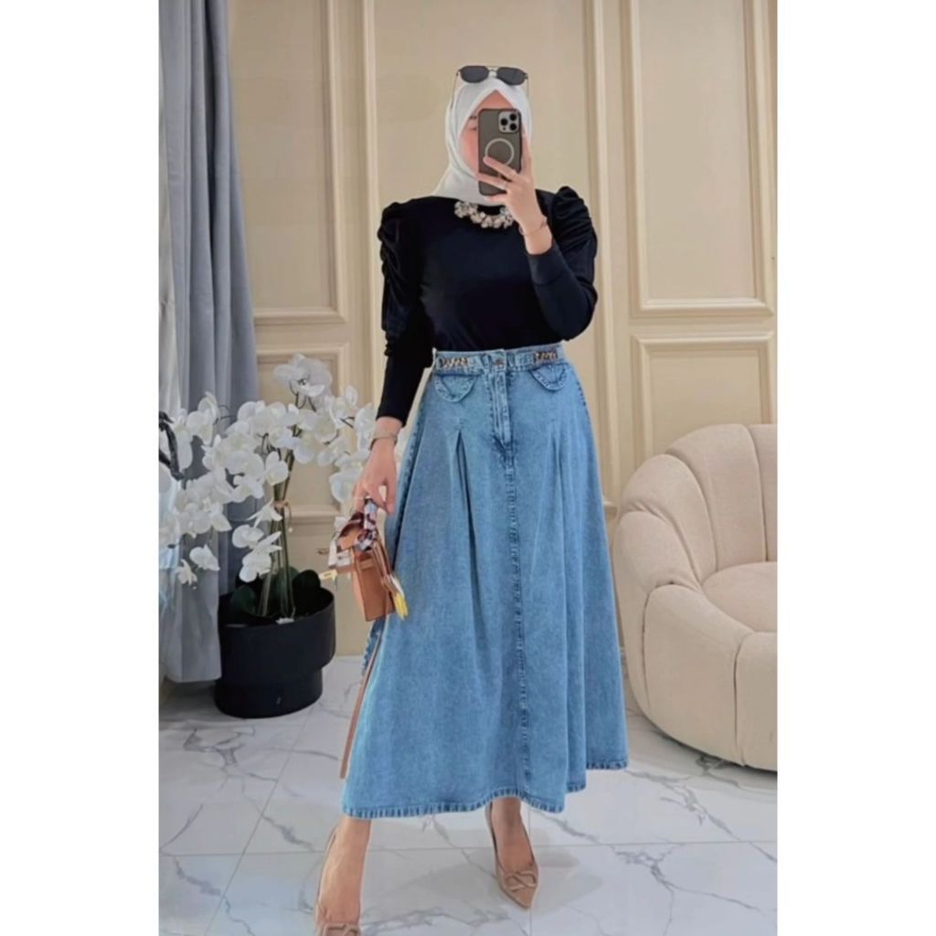 TERBARU ANDARA SET ROK OUTFIT WANITA MUSLIM KEKINIAN SETELAN ROK JEANS DAN ATASAN ELEGAN / ONE SET K