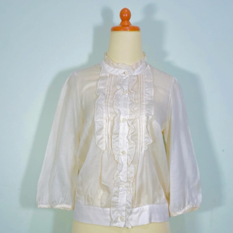 Atasan wanita blouse blus vintage lengan balon model ruffles renda coquete bahan katun silk warna pu