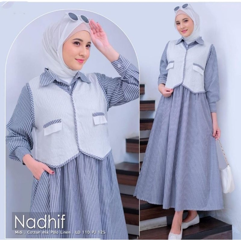 NADHIF MIDI GAMIS WANITA DEWASA MIDI BAHAN KATUN SALUR MIX POLO LINEN MODEL BAJU KASUAL REMAJA PUTRI