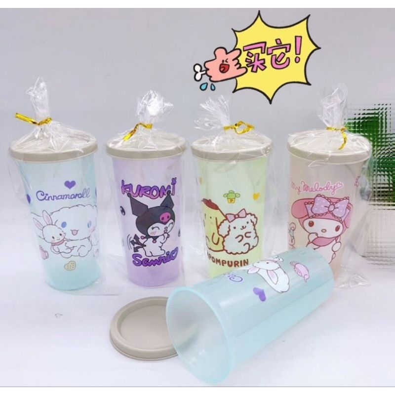 Gelas Mug Tempat Minum plastik Ada Tutup Motif Karakter Sanrio000