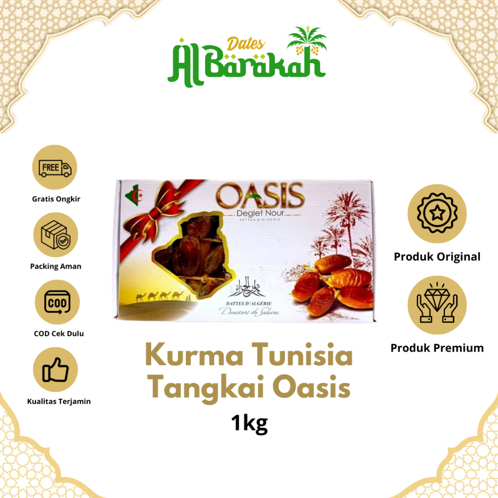 

Kurma Tunisia Tangkai Oasis Deglet Noor 1kg Kualitas Premium Kemasan Box Oleh-oleh Haji dan Umroh