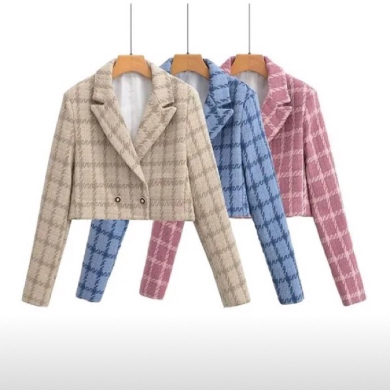 Blazer Crop Wanita Tweed Hijau, Pink, Brown Plaid