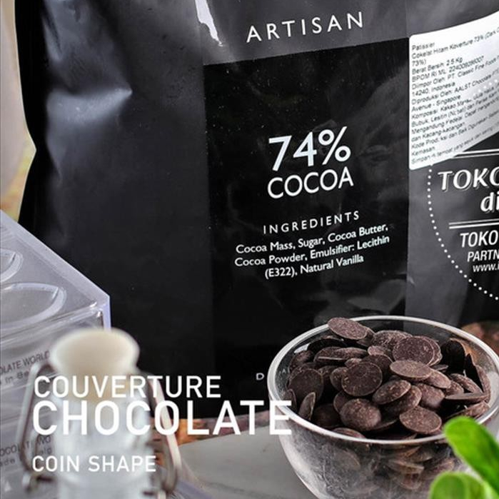 

Patissier DARK Chocolate 74% Couverture 100gr Cokelat Coin Baking Koin