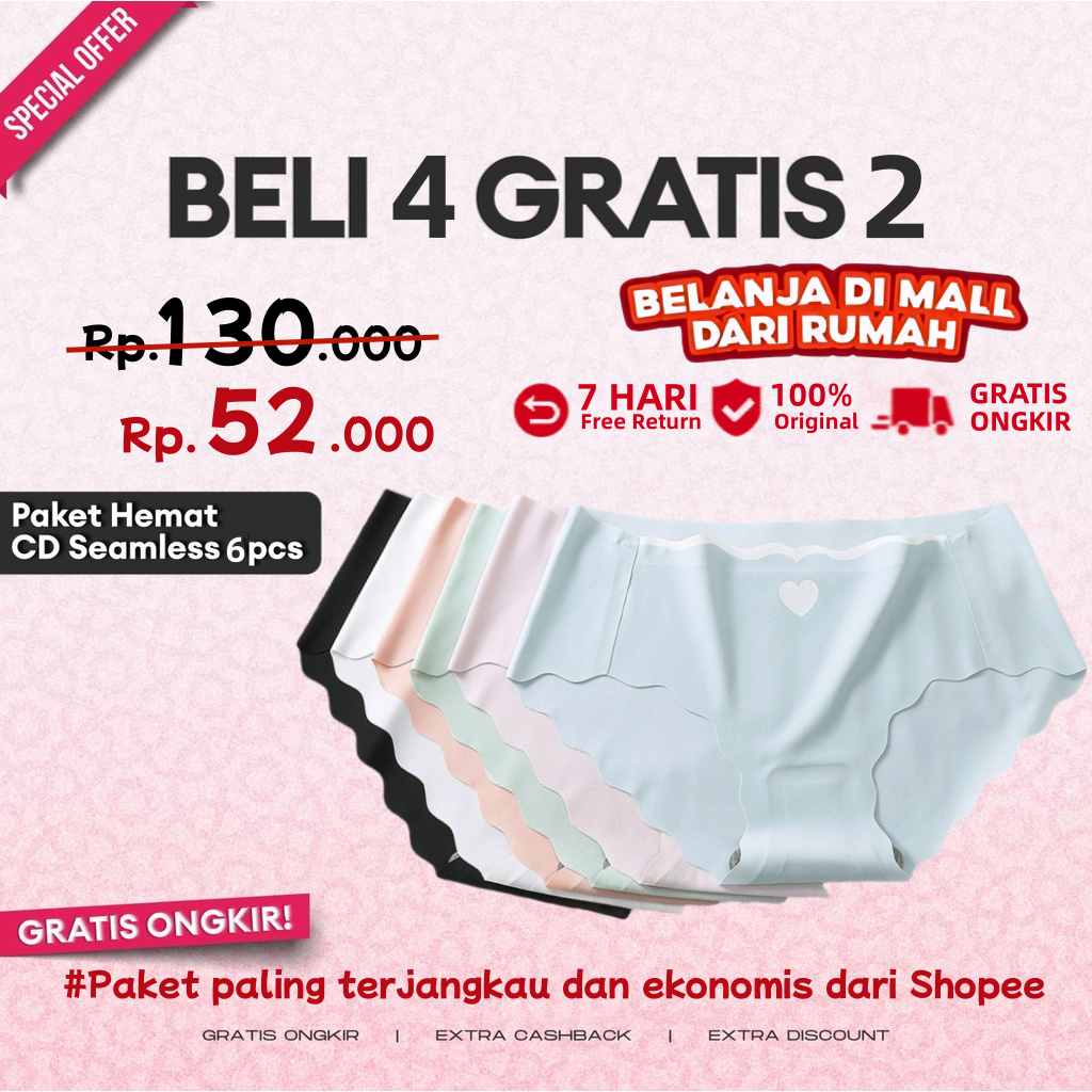 SHASHALADY PAKET HEMAT 6pcs Celana Dalam Wanita Premium Quality Es Sutra Seamless wanita sorex CD