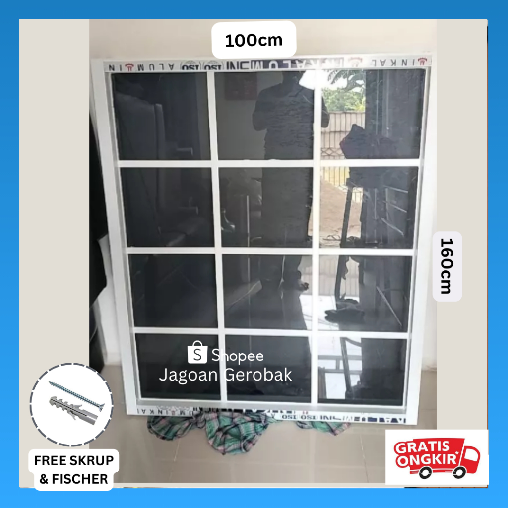 Jendela kaca mati 100x160 Ornamen Kusen Aluminium Kaca Mati Kotak-kotak