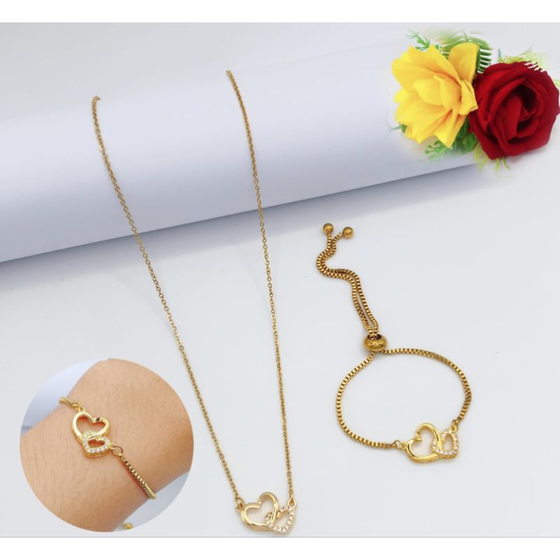 set kalung + gelang serut love permata titanium fashion wanita