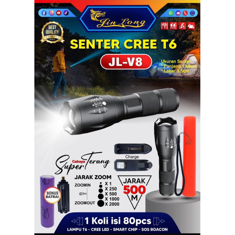 Senter T6 JL-V8 Senter Swatt Police Led Cree Charger Zoom