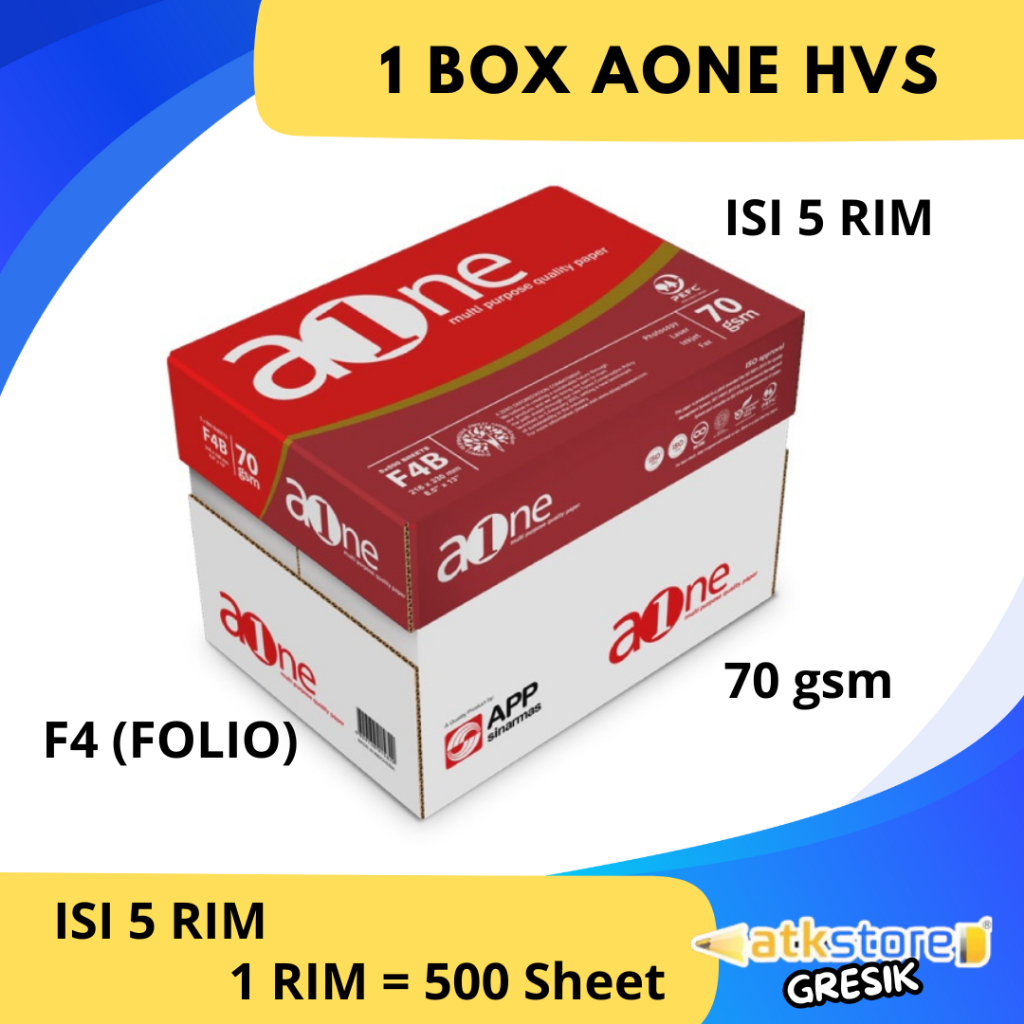 KERTAS HVS AONE Kertas F4 FOLIO 70 GSM 1 BOX/5 RIM  Kertas Print Fotocopy Kertas Cetak Tebal Murah