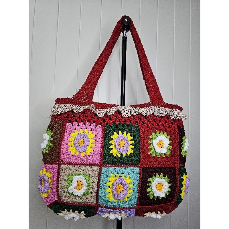 CRAZY SALE tote bag rajut jumbo merah renda/Love art99