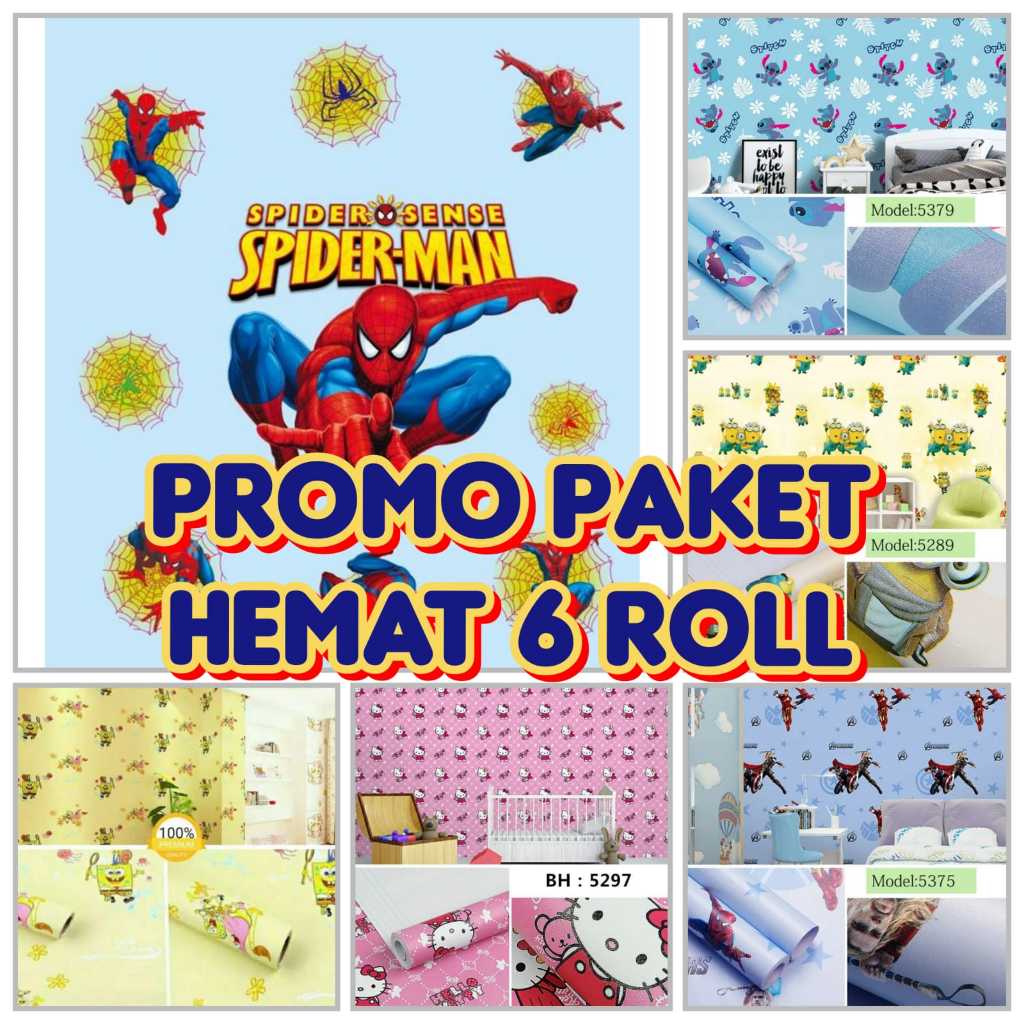 PROMO PAKET 6 ROL Wallpaper Sticker Dinding Karakter TERLENGKAP Mickey Mouse Mini Mouse Avenger Sped