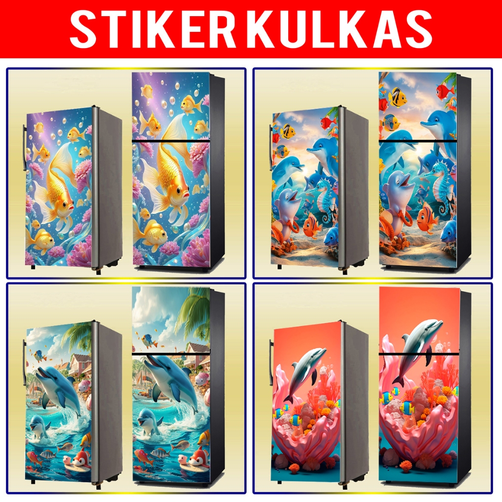STIKER KULKAS 1PINTU, STIKER KULKAS 2PINTU, WALLPAPER KULKAS MOTIF WALLPAPER IKAN