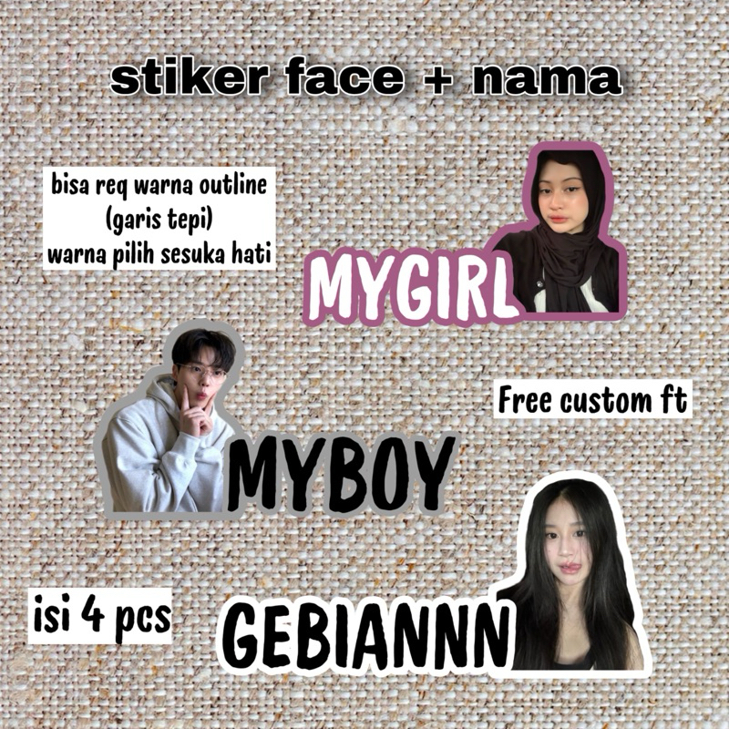 

(isi 4pcs) Stiker Face + Nama / Kata kata Free edit