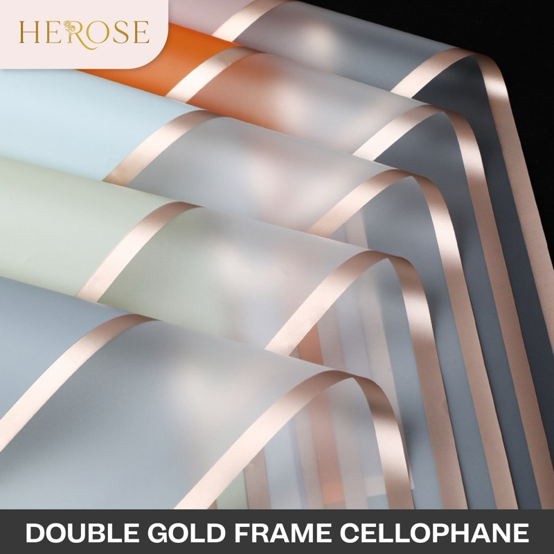 

(20 LEMBAR) Transparent Frame Double Gold Line Flower Wrapping Paper Kertas Cellophane Pembungkus Bunga Gold Frame Border