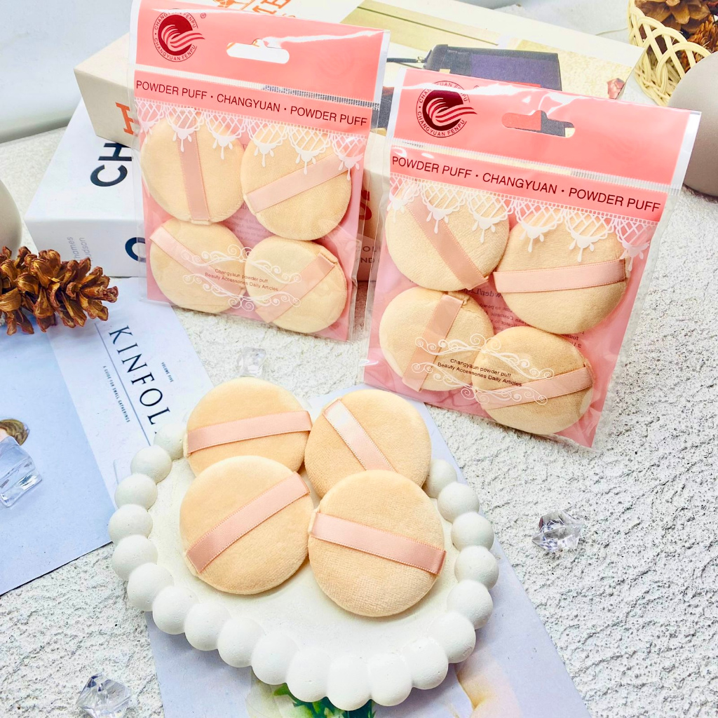 Sponge spons bedak tabur BULAT D8 HANDLE 5,5 CM SET ISI 4 PCS puff bedak tabur pastel good quality m