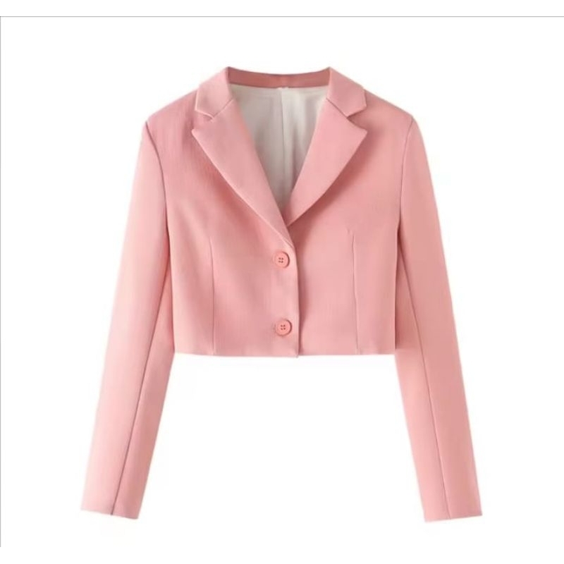 Blazer wanita crop kancing dua lengan panjang cropped