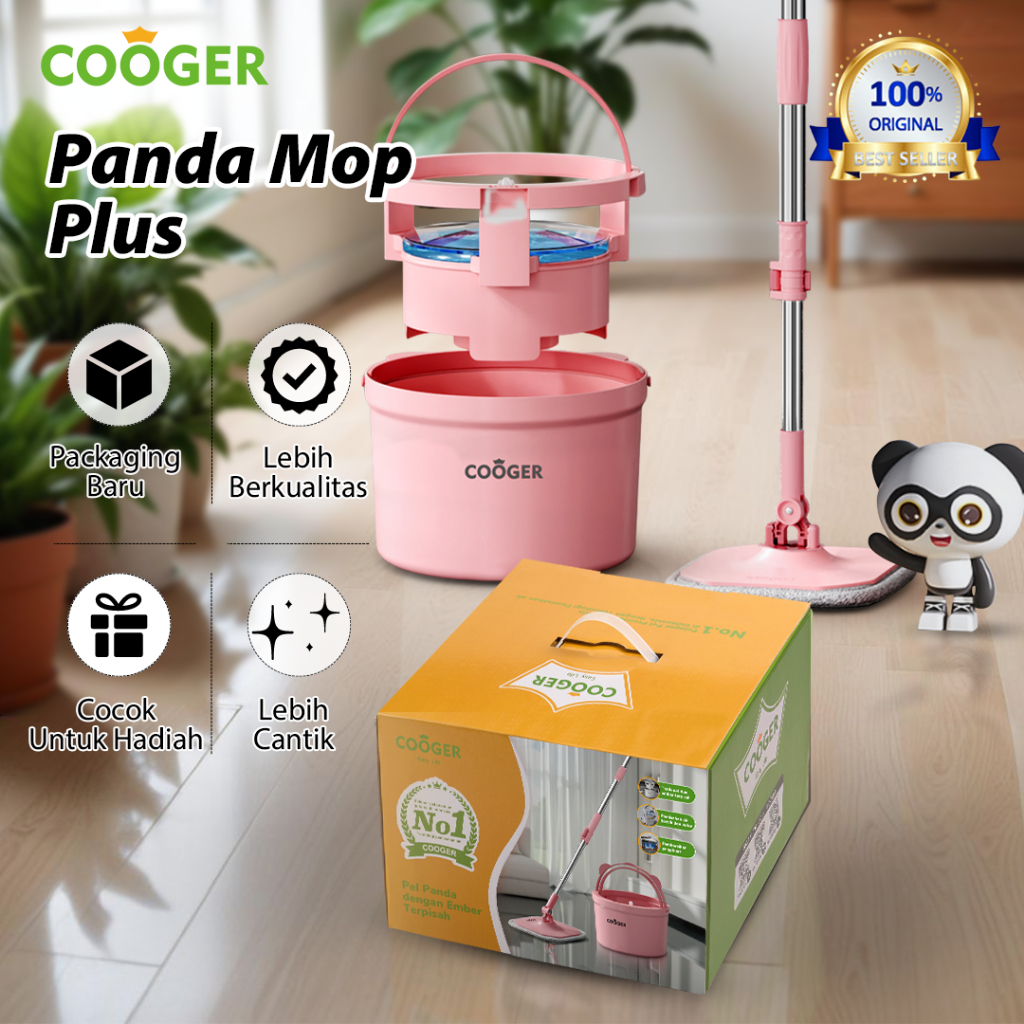 COOGER Alat Pel Lantai Panda Plus Pel Ember Putar Single Bucket dengan Dual Teknologi Spin Mop Pemis