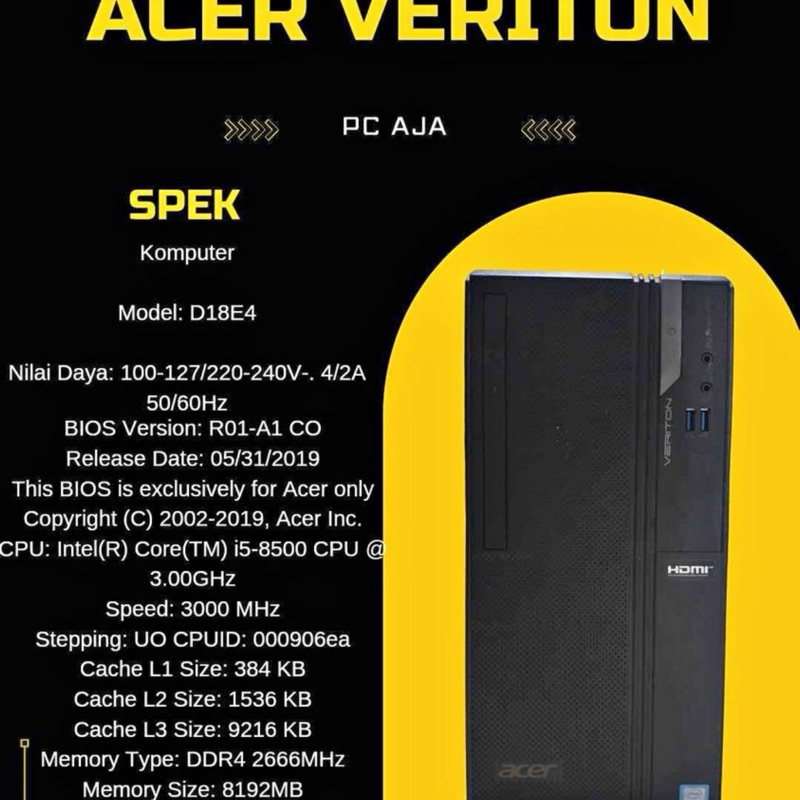 acer veriton I5 8500 gen8 khusus pengiriman instan