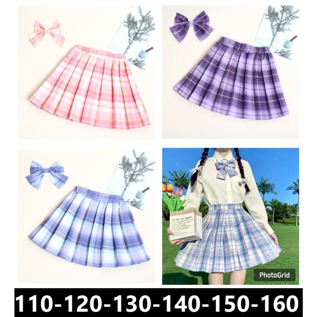 Rok Garis Kotak Kotak lipat Sanrio Sparkling FREE PITA DASI kuromi my melody cinnamoroll pink ungu b