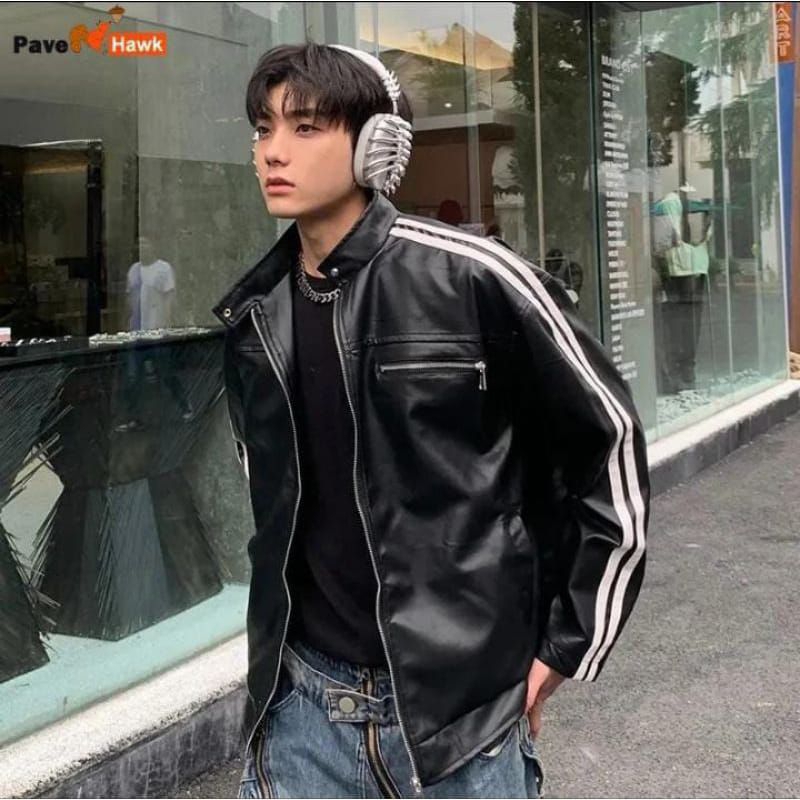 JAKET kulit pria strap putih/jaket kulit sintetis Korea style terbaru