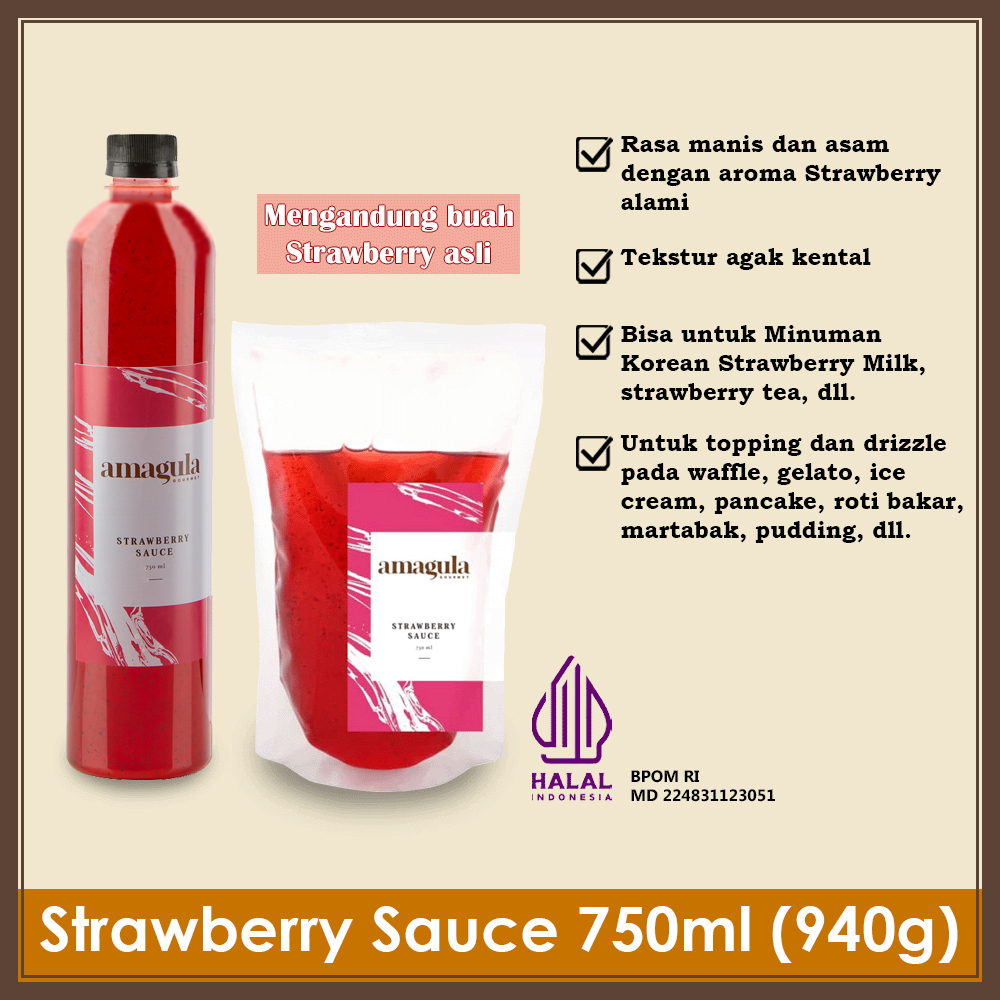 

AMAGULA STRAWBERRY SAUCE – SIRUP DAN SAUS STRAWBERRY AMAGULA 750ML (940G) UNTUK TEH, SUSU, DAN MINUMAN – KUALITAS PREMIUM - HALAL