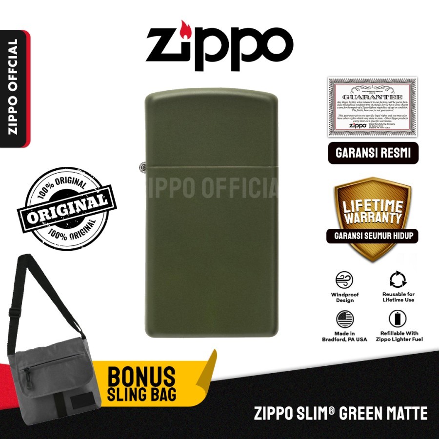 Zippo Slim Green Matte 1627 | Garansi Lifetime | Original USA