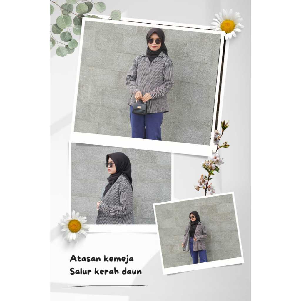 Atasan kemeja wanita salur kerah daun lengan panjang terbaru