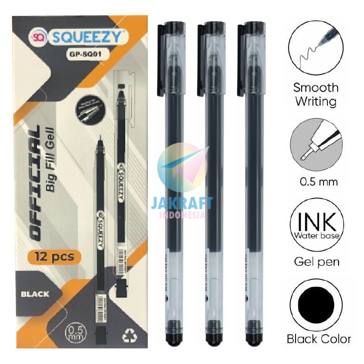 

BIG DISCOUNT 12 Pcs Pulpen Bolpen Gel Pen SQUEEZY GPSQ1 Office Official Hitam Black 5 mm Needle Tip Murah Bagus Ujung Tajam Runcing