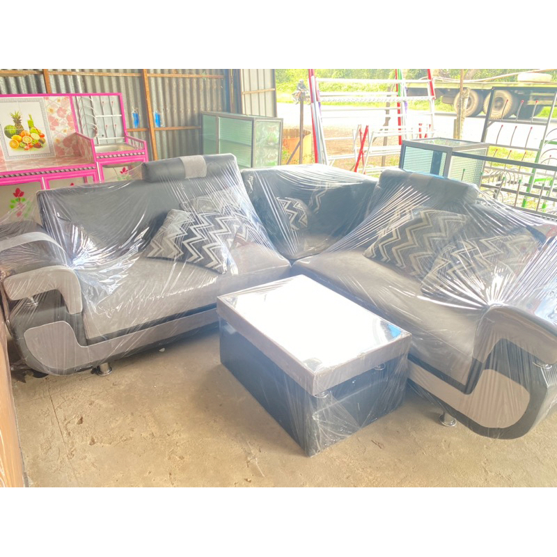 sofa L sudut kain bludru mix kulit termurah promo