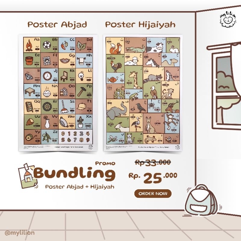 Poster Edukasi Anak Muslim 3 Bahasa (Indonesia Arab Inggris) - Poster Hijaiyah Tema Hewan - Poster A