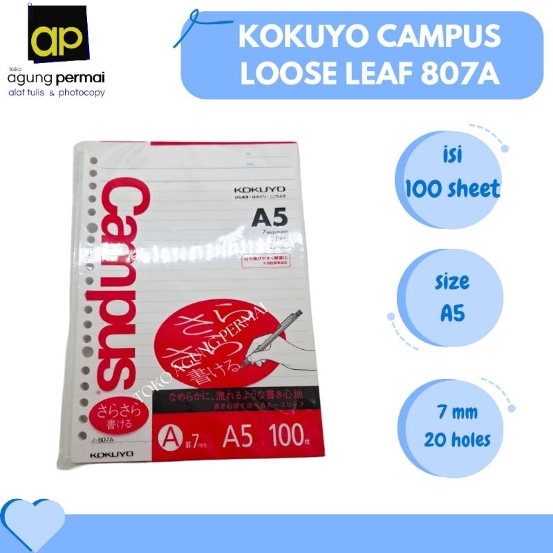 

Kokuyo Campus Loose Leaf 807A - A5 - 7mm - 20 Holes - 100 Sheets
