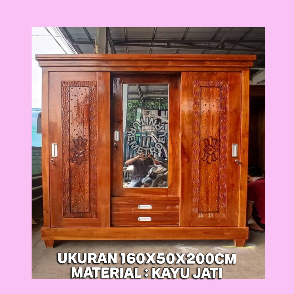 LEMARI PAKAIAN SLIDING JATI 3 PINTU KACA PANJANG LEMARI PAKAIAN JUMBO SLEDING JATI FREE ONGKIR SERAN