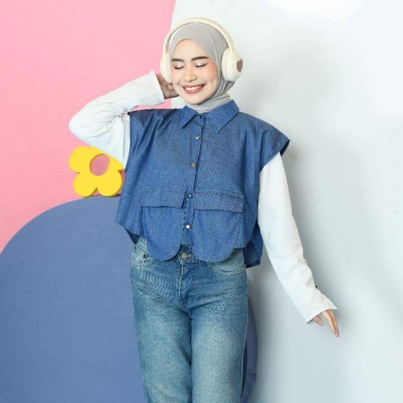 Maoutfit - Mozy Denim Crop Vest | Outer Basic Jeans Kekinian | Vest Denim Kekinian | Vest Wanita