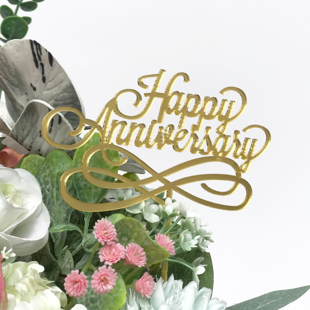 Cake Topper Acrylic Happy Anniversary Hiasan Kue Akrilik Wedding Buket Bunga