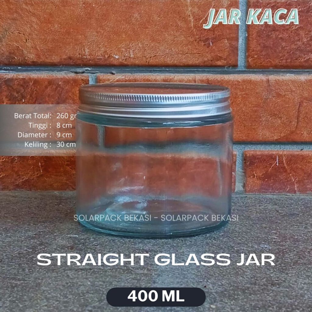 Jar kaca 400ml straight tutup aluminium silver Kue Cake Sambal Bumbu Toples