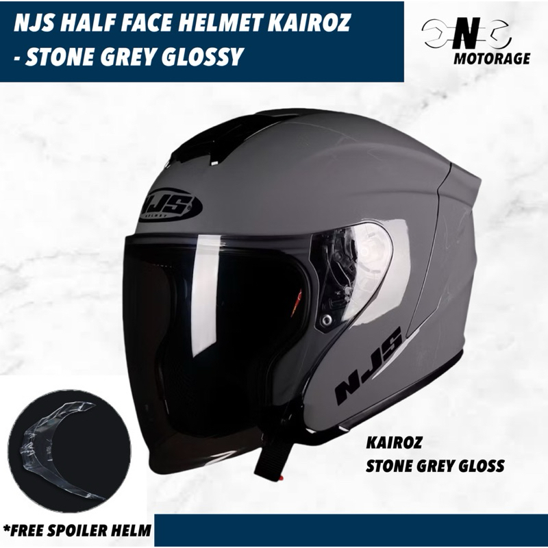 Helm Motor NJS Kairoz Solid Half Face SNI - Stone Grey Glossy / Abu Gloss + Free Spoiler Helm