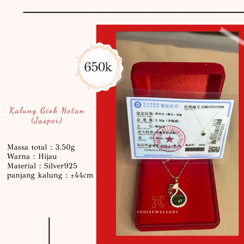 Kalung Giok Hotan ( jasper ) Asli dengan Sertifikat dan Box