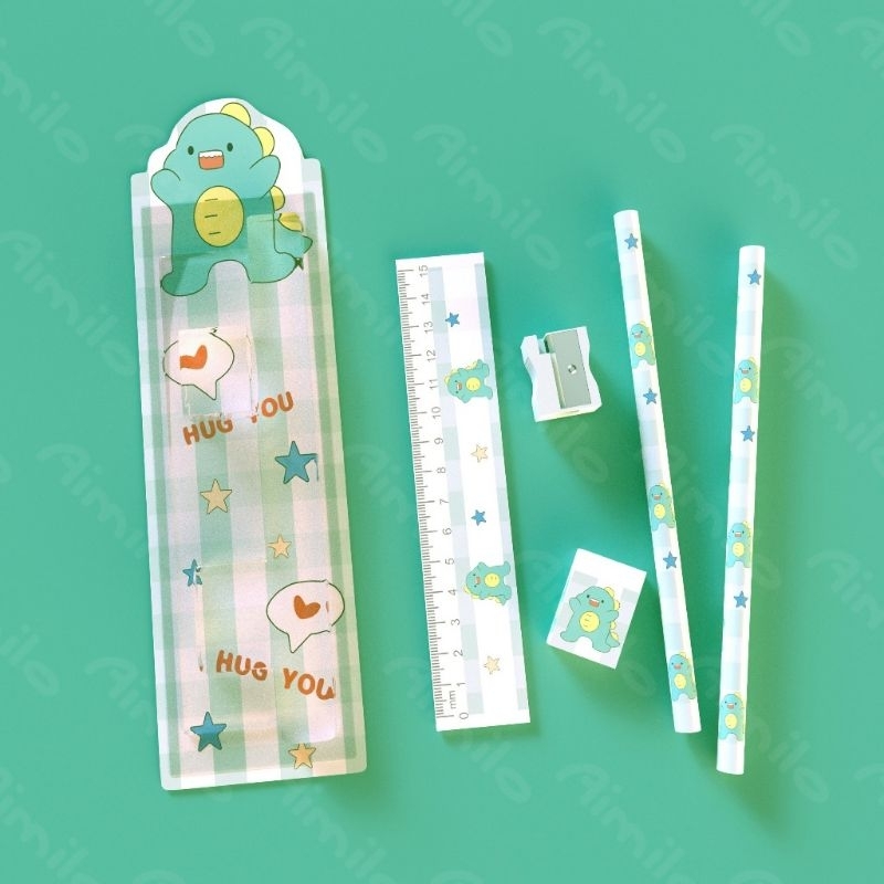 

Aimilo Paket Pensil Alat Tulis Anak 5in1 lucu penghapus peraut penggaris lengkap