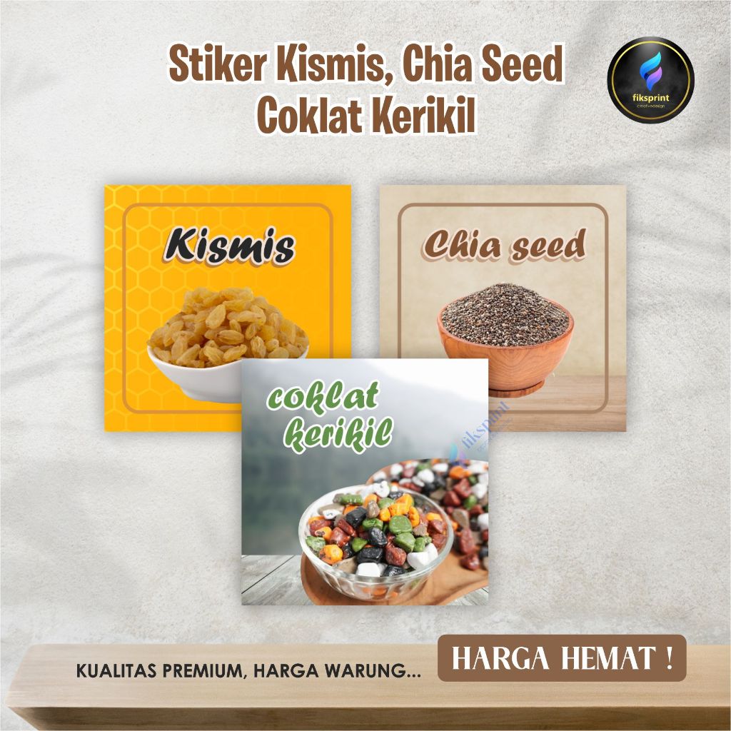 

Stiker kismis, coklat kerikil, Chia seed
