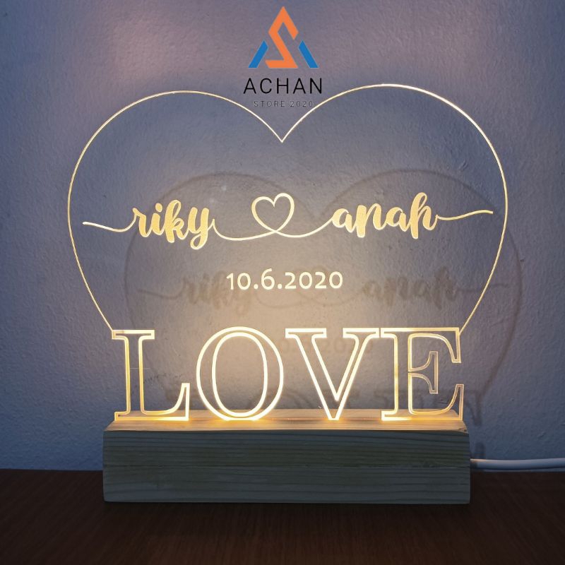 MURAH Akrilik LED Lampu Akrilik Custom Couple Nama Lampu Tidur Akrilik Kado Valentine