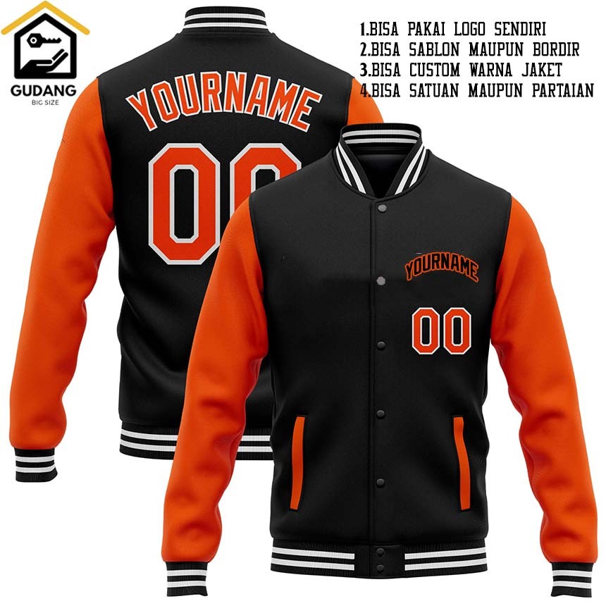 JAKET BOMBER VARSITY POLOS  BIG SIZE S-6XL .JAKET VARSITY POLOS S-6XL WARNA HITAM ORANGE