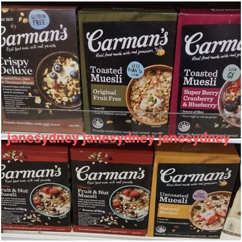 

Australia Carman's Classic Fruit & Nut Free Toasted Muesli Oat & Grains 500g Cereal Original Sereal Crunchy Cluster Crispy Deluxe Super Berry Cranberry Blueberry Apple Roasted Nut Natural Bircher Fruit Free Honey Carmans Healthy Bar Snack Carman