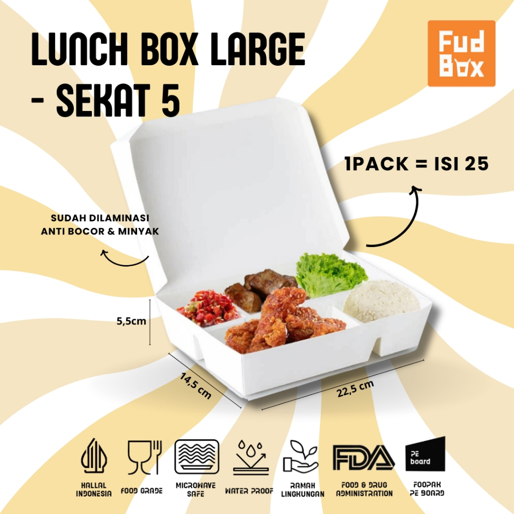 Paper Lunch Box Sekat 5 Large Foodgrade 25pcs/Box Nasi/Dus Kotak Nasi Katering / Viral Bahan Ivory